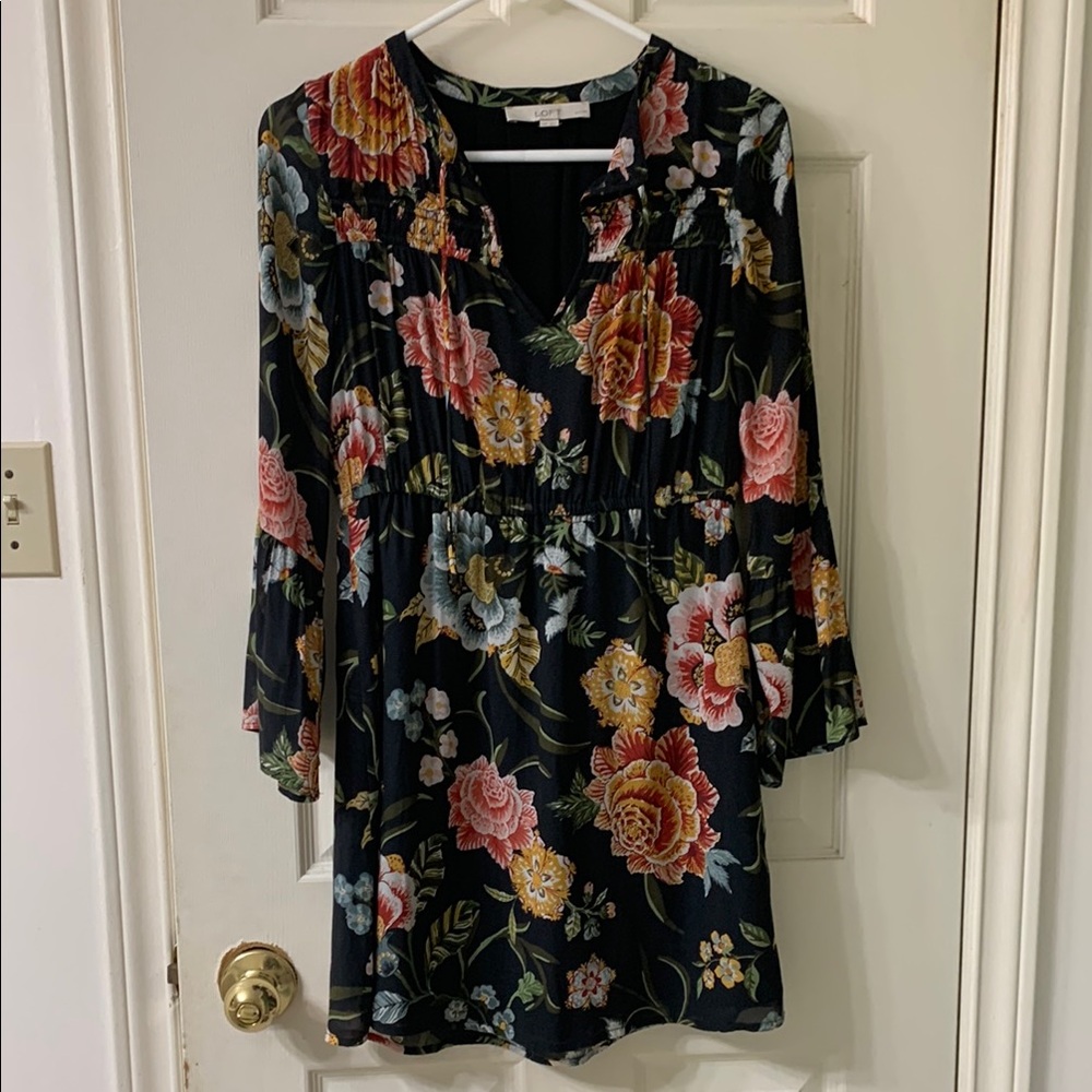 🌷3 for $25🌷LOFT, US XXSP, Black Orange & Gold Floral Semi Sheer Dress